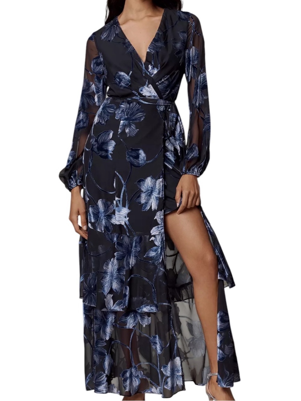 Hutch Genevieve Long Velvet Wrap Dress Navy Two Tone Vining Buds NWT Size Medium